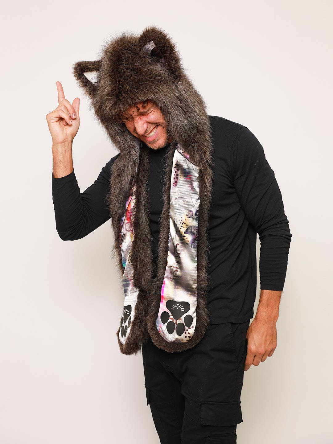 Man wearing Cyber Wolf Collector Edition Faux Fur Hood, side view 1