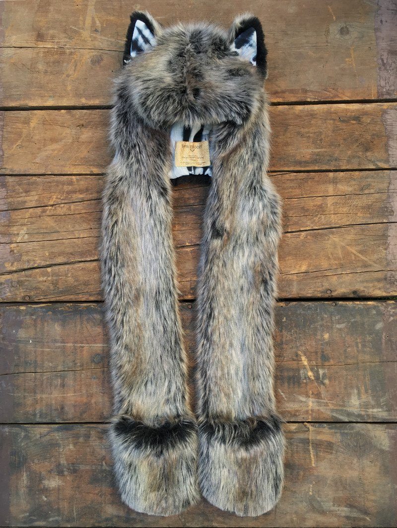 Faux Fur B&amp;W Grey Wolf SpiritHood 
