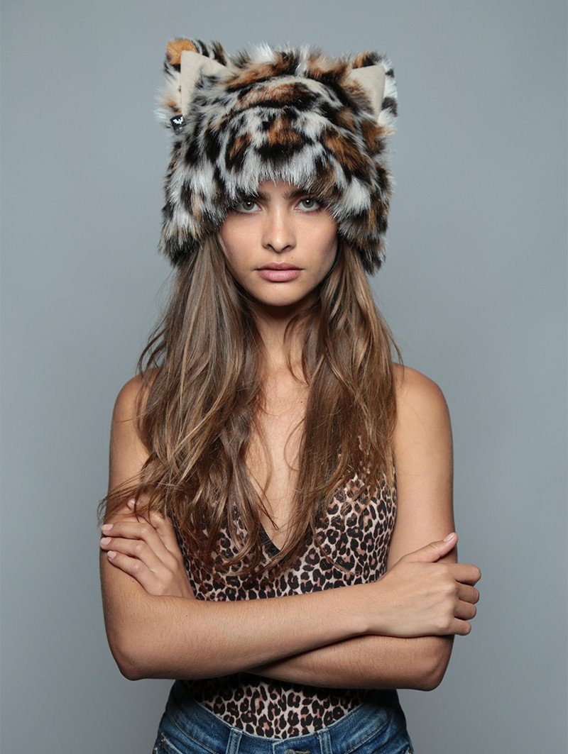 Woman wearing Mother Clouded Leopard Faux Fur Hood