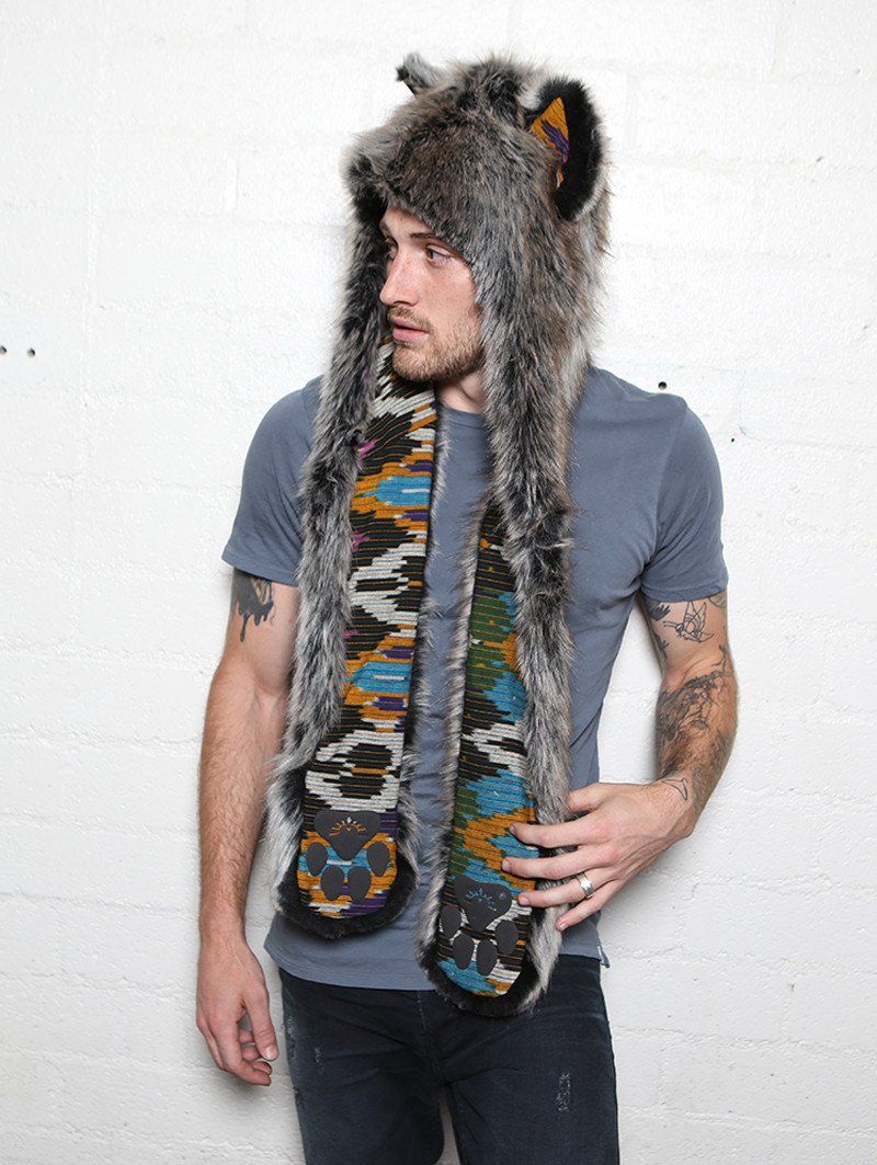 Man wearing faux fur Grey Wolf Ikat Collectors SpiritHood, side view