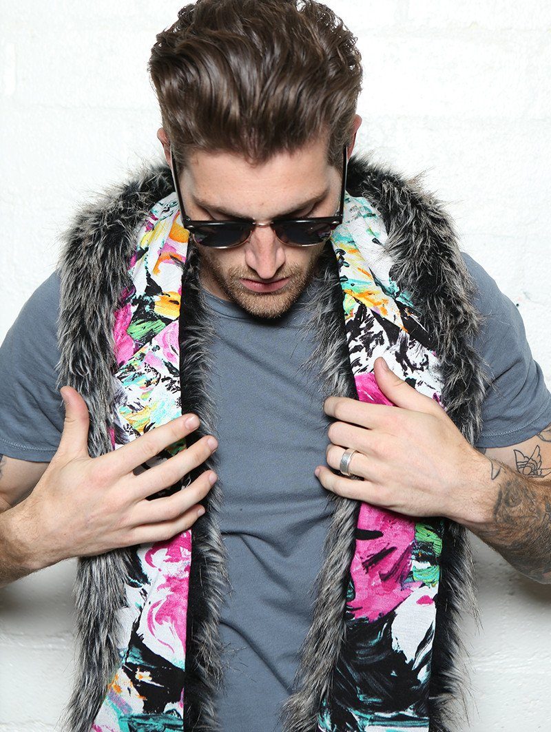Man wearing faux fur Mystic Wolf Floral Collectors SpiritHood, front view 2