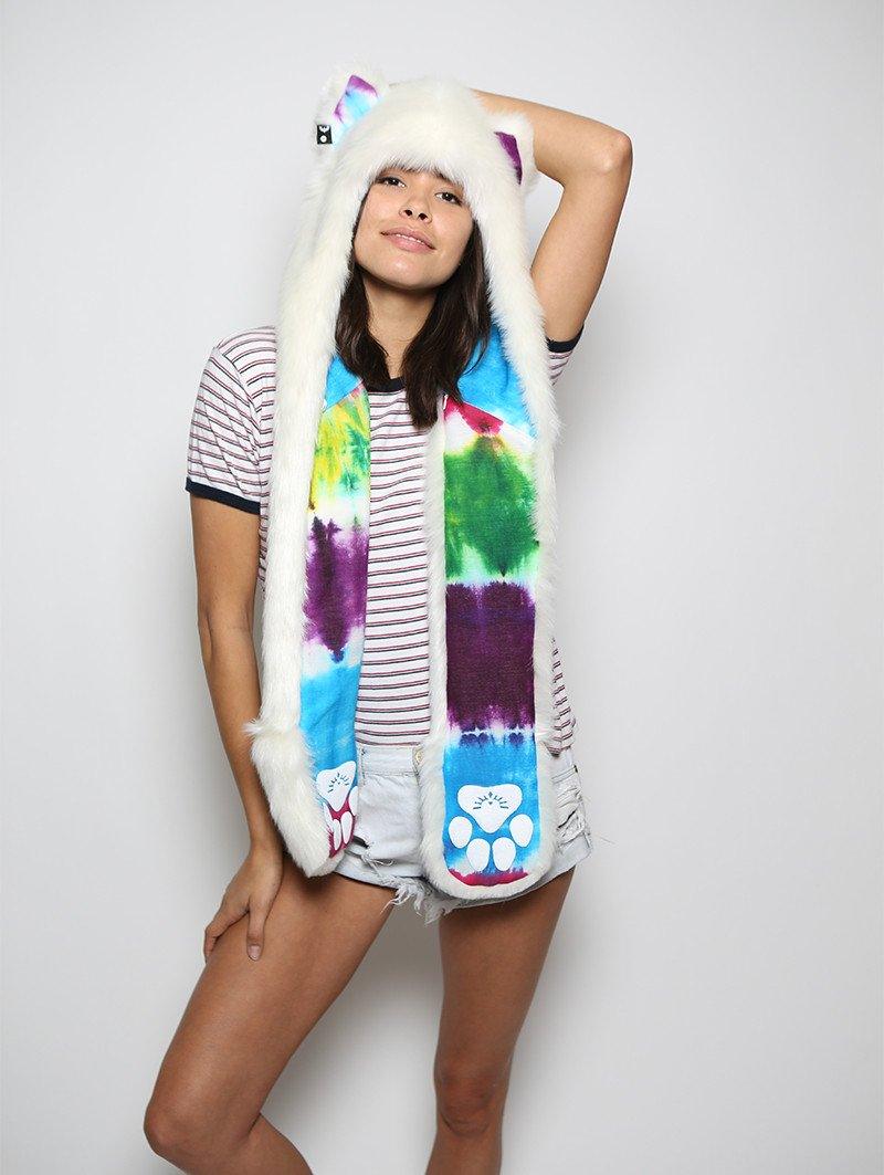 Woman wearing faux fur Arctic Wolf Color Blast Limited Edition SpiritHood, front view 3