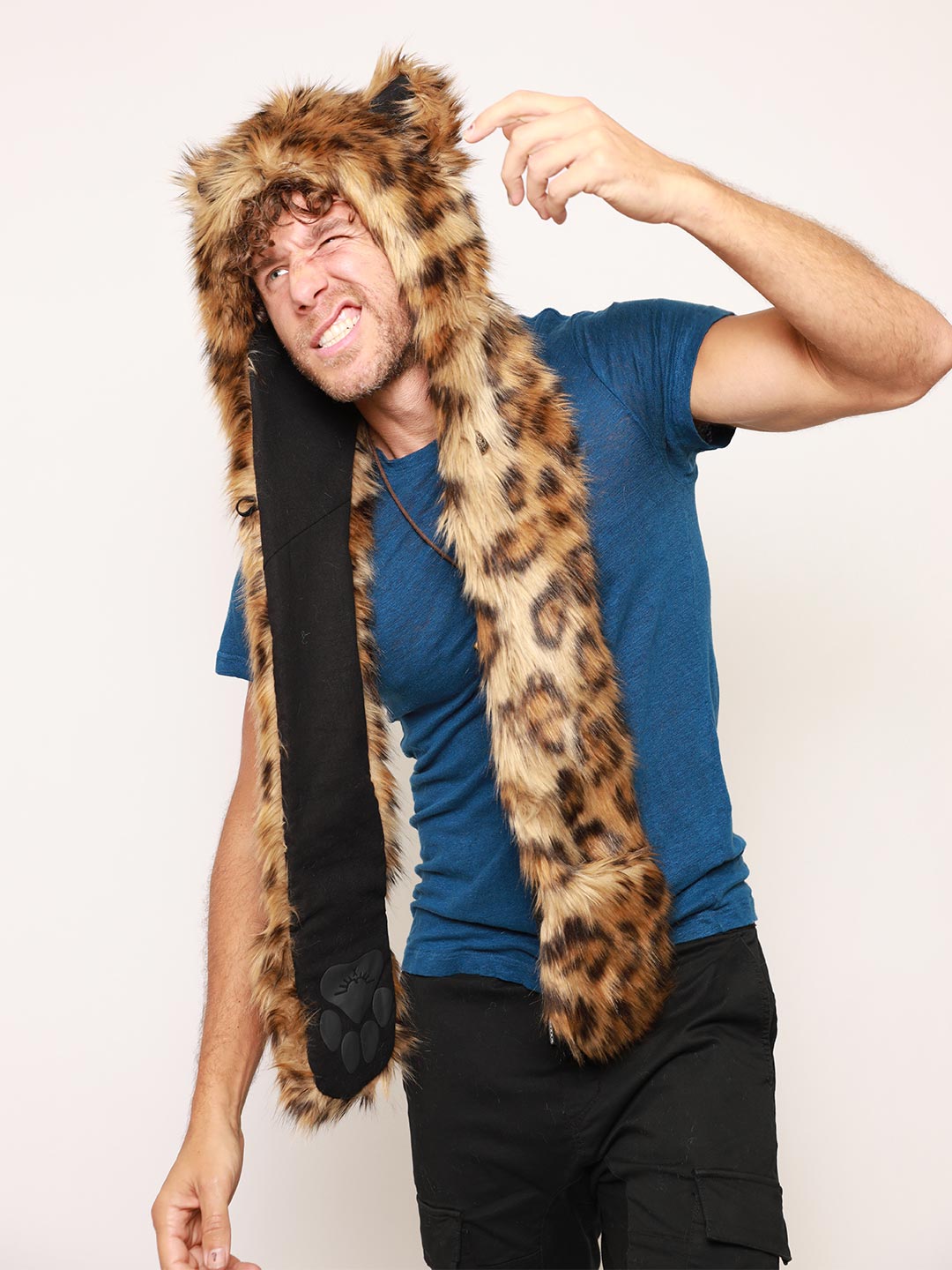 Man wearing Javan Leopard Faux Fur Hood, side view 3