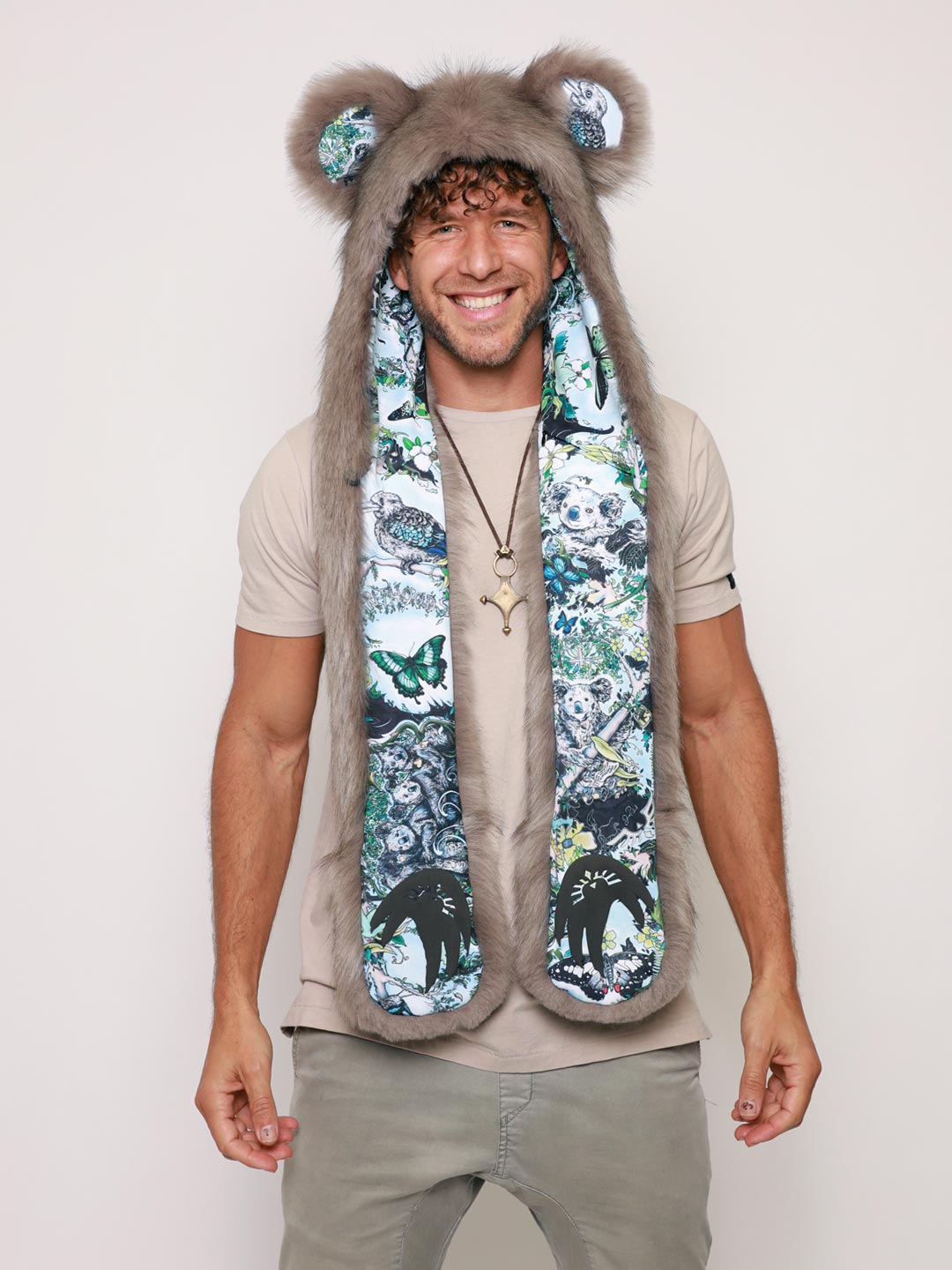 Man wearing faux fur James Patrick Koala Artist Edition SpiritHood, front view 1