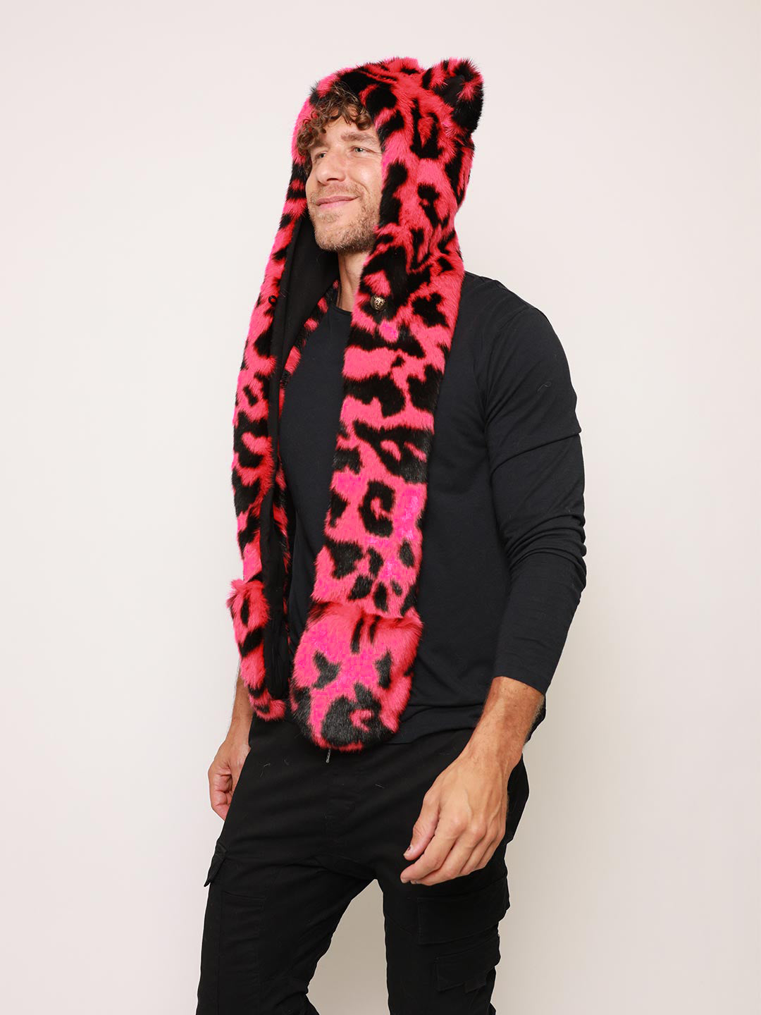 Man wearing Pink Panther Collector Edition Faux Fur Hood, side view 2