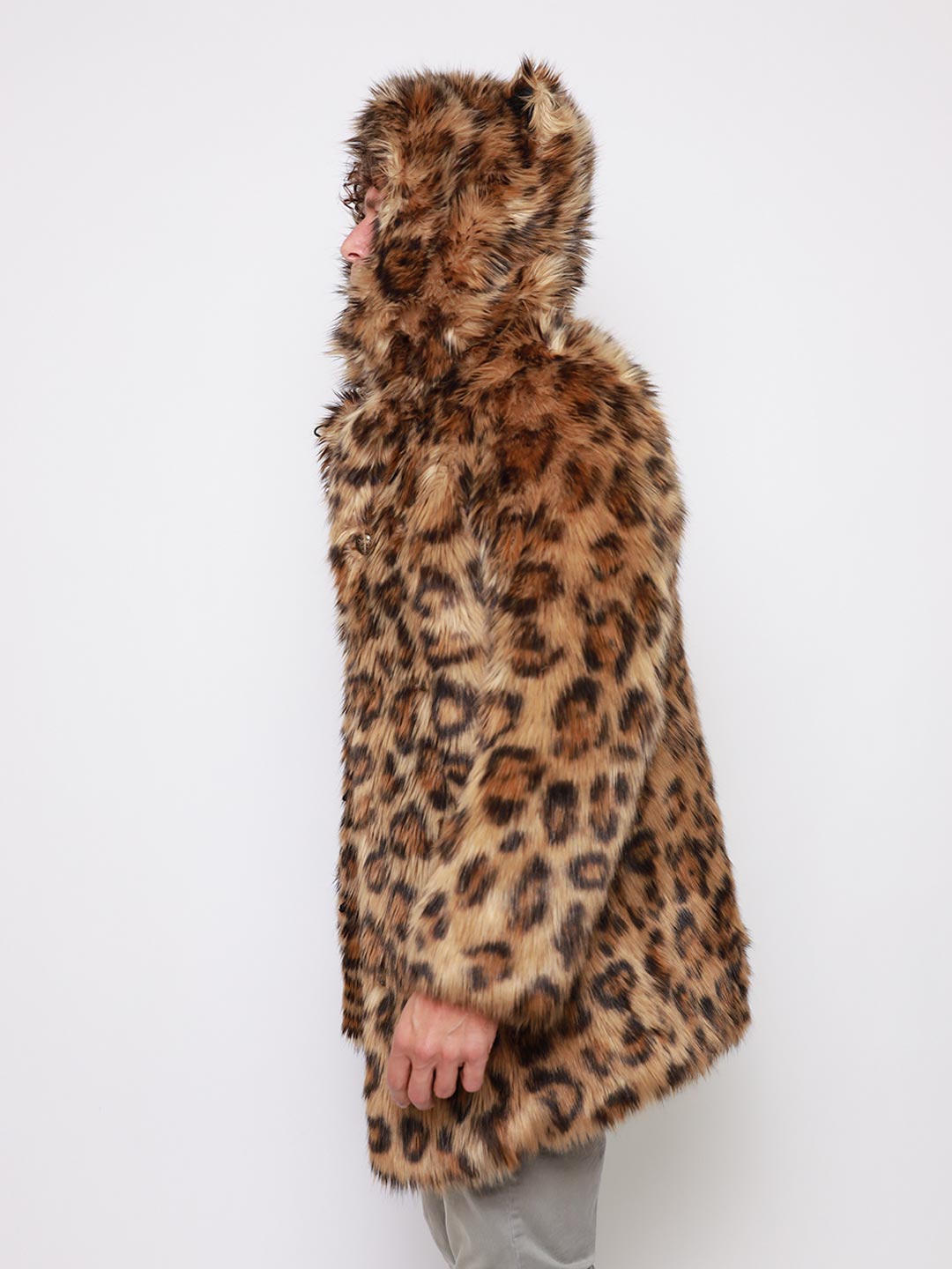 Man wearing Javan Leopard Classic Faux Fur *Almost Purfect* Coat, side view 2