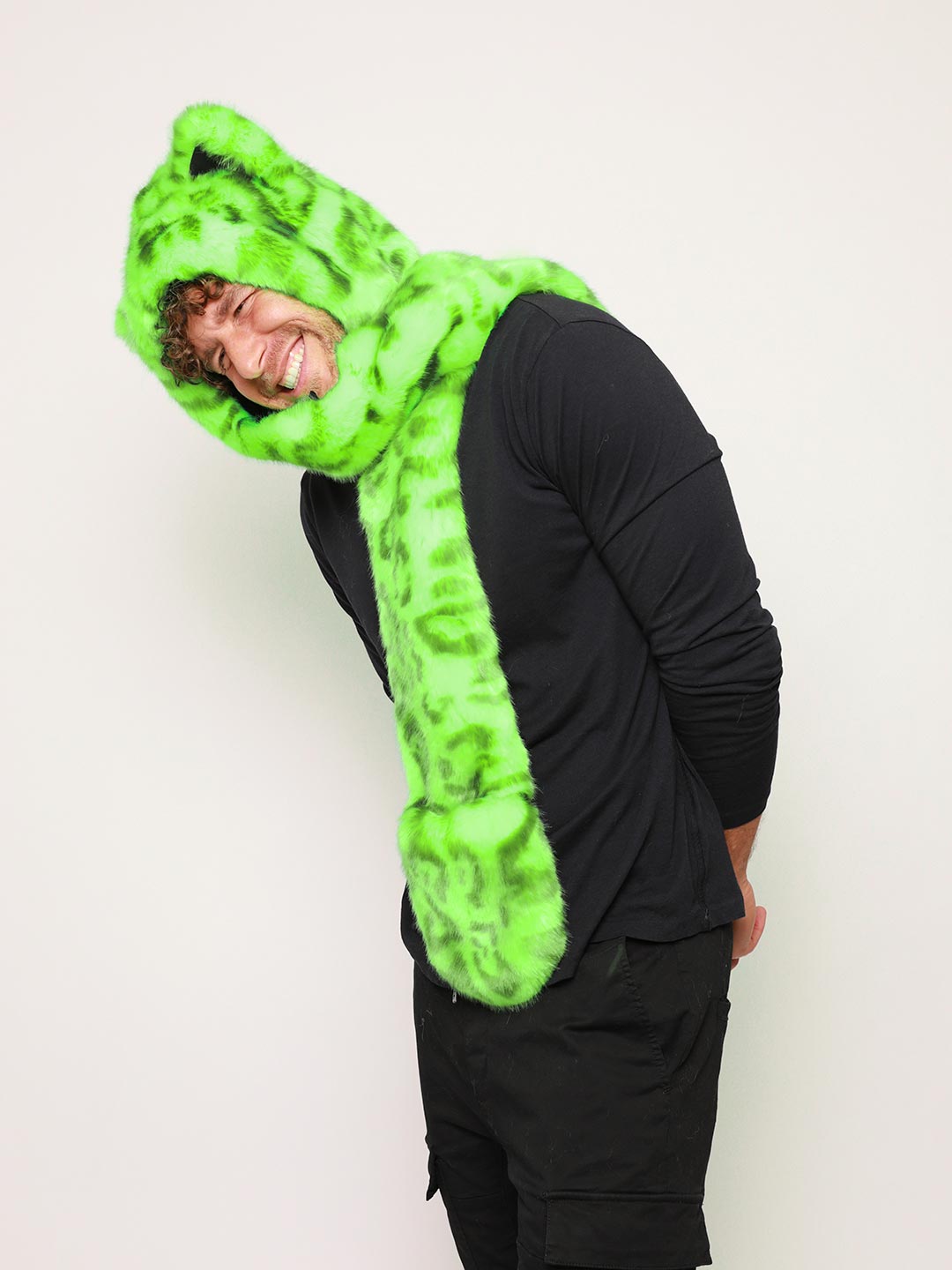 Man wearing Neon Green Leopard Luxe Collector Edition Faux Fur Hood, side view