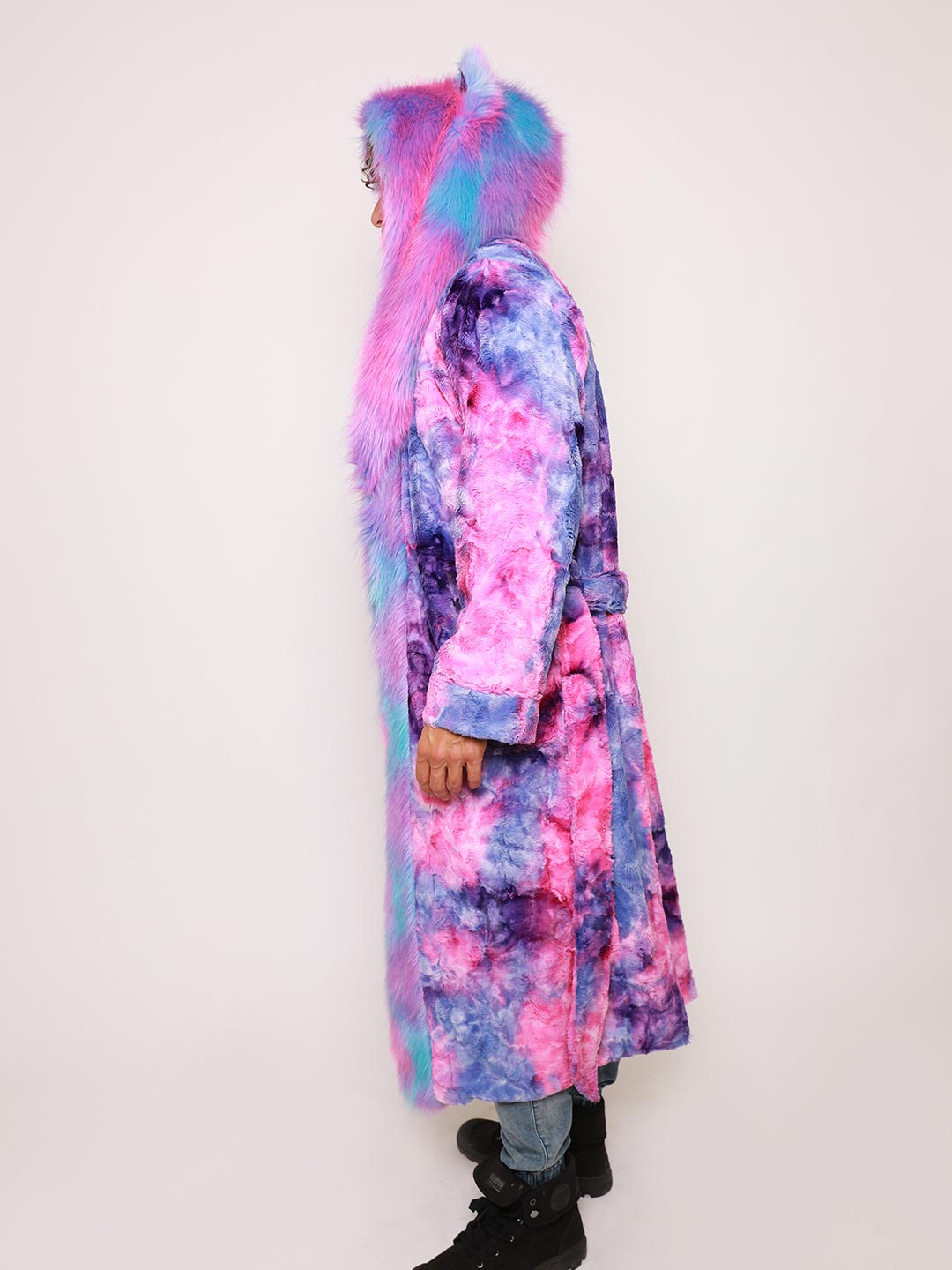 Man wearing Cotton Candy Cat Classic Faux Fur Style Robe, side view 2