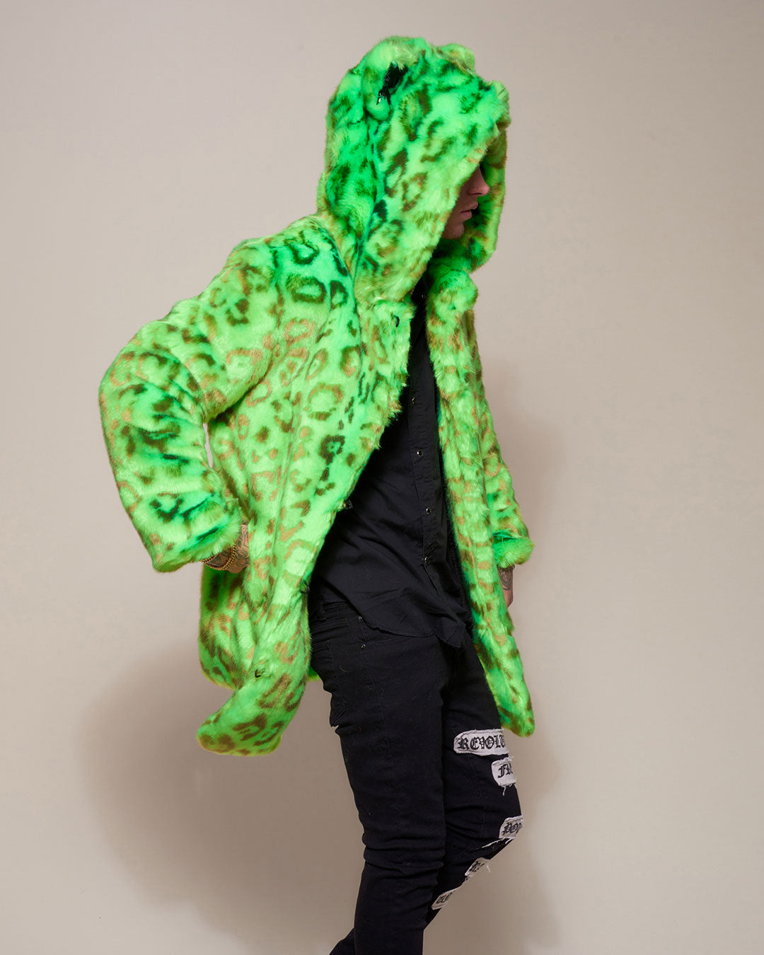 Man wearing Neon Green Leopard Luxe Classic Faux Fur Coat, side view 1