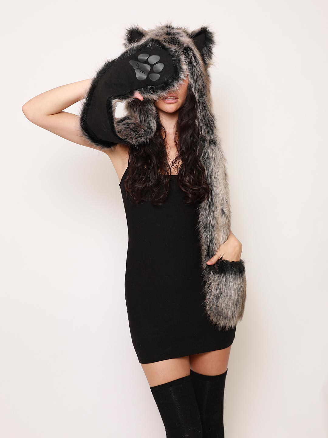 Grey Wolf Faux Fur Hood on Woman
