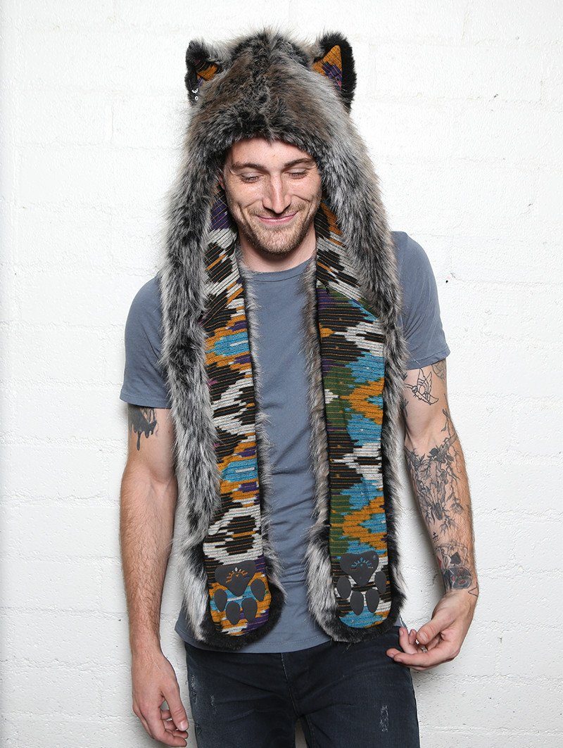 Man wearing faux fur Grey Wolf Ikat Collectors SpiritHood, front view