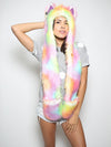 Woman wearing faux fur FestieBestie Sherbert Wolf SpiritHood, front view 1