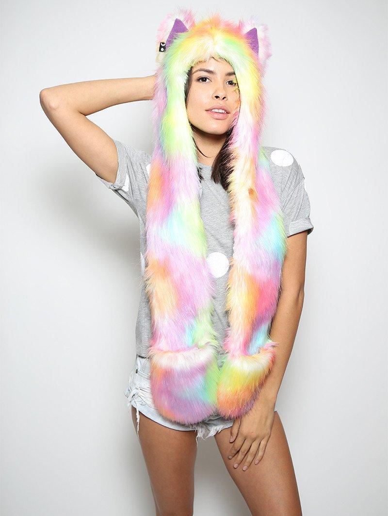 Woman wearing faux fur FestieBestie Sherbert Wolf SpiritHood, front view 1