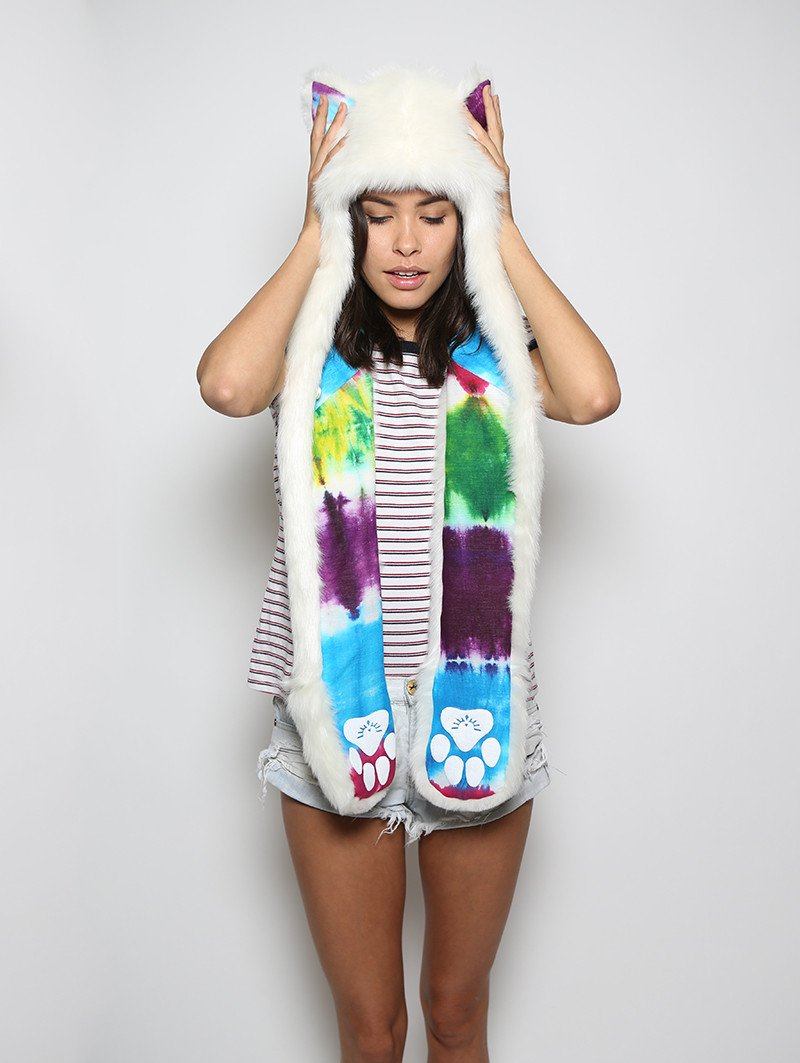 Woman wearing faux fur Arctic Wolf Color Blast Limited Edition SpiritHood, front view 4