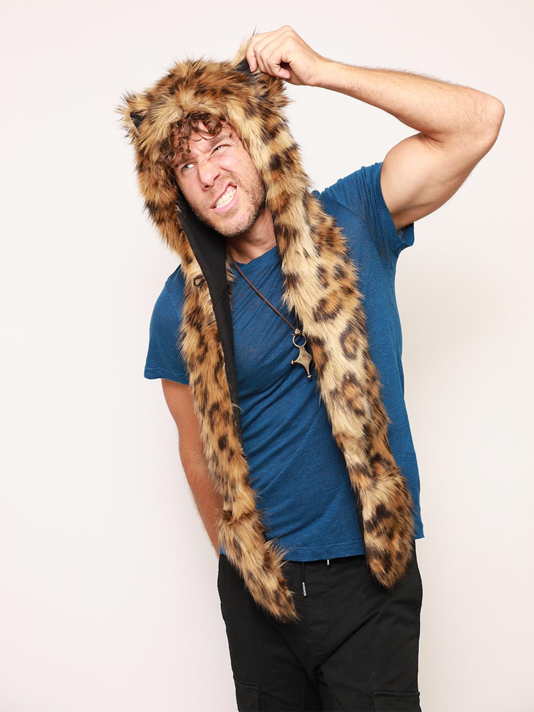 Man wearing Javan Leopard Faux Fur Hood, side view