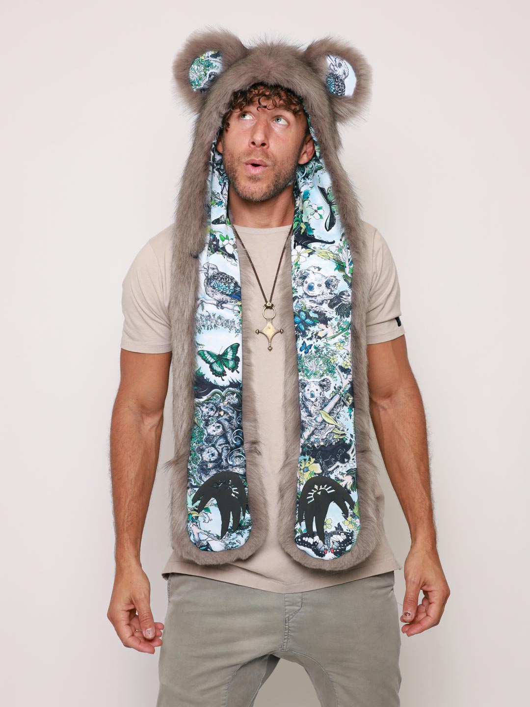 Man wearing faux fur James Patrick Koala Artist Edition SpiritHood