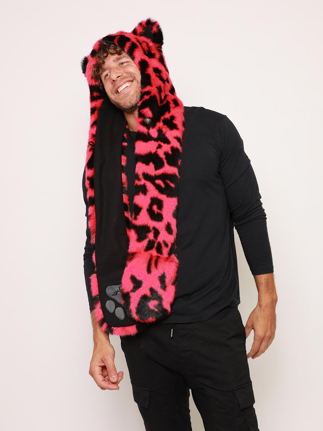 Man wearing Pink Panther Collector Edition Faux Fur Hood, side view 1