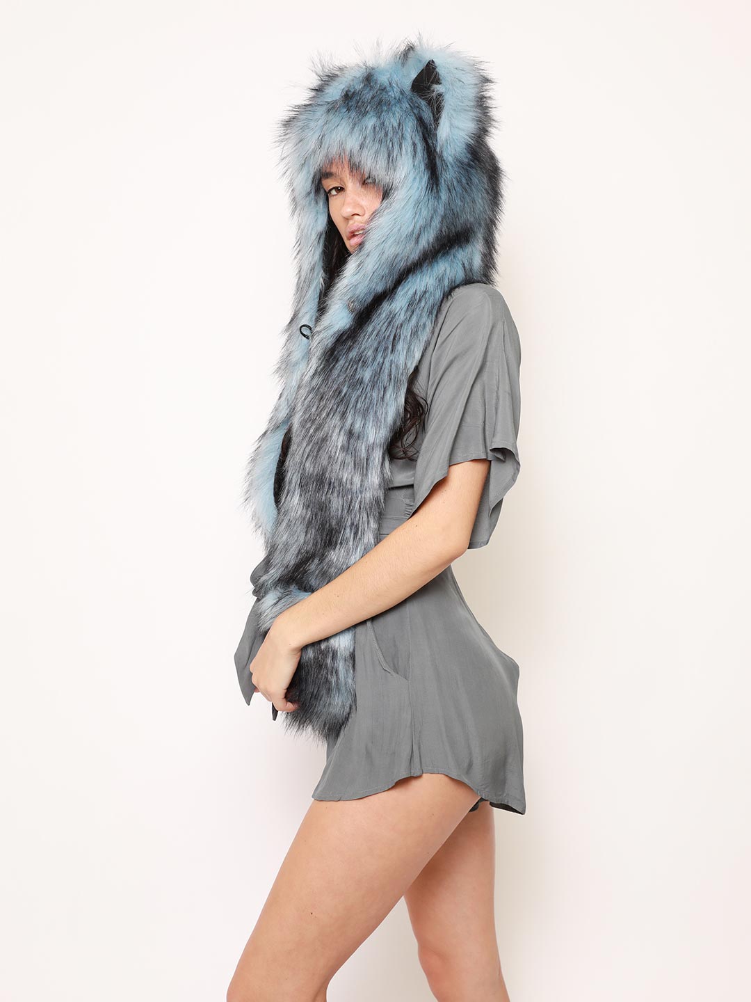Collector Edition Faux Fur Hood with Ice Husky Design on Woman