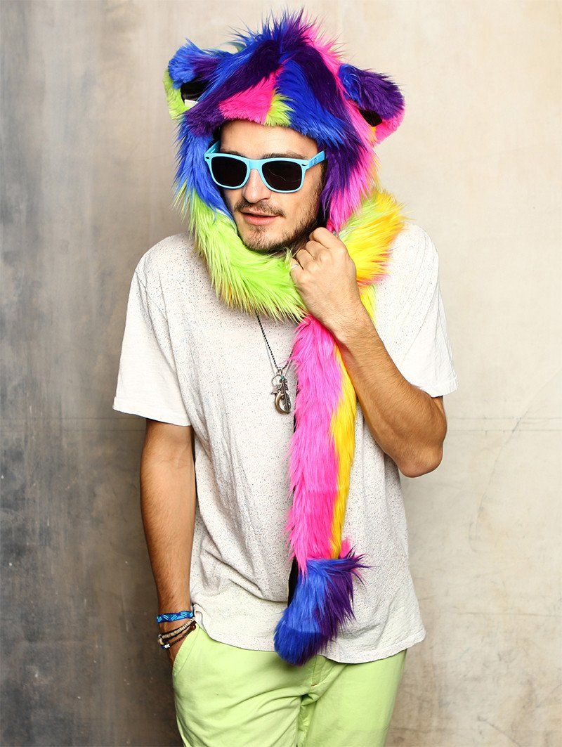 Man wearing faux fur Magic Bear SpiritHood, front view 3