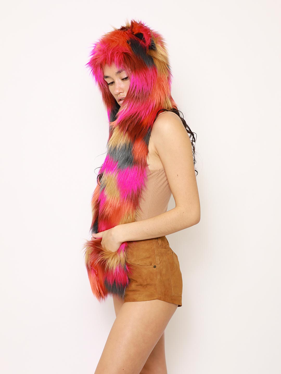 Woman wearing Calico Leopard Collector Edition Faux Fur Hood, side view
