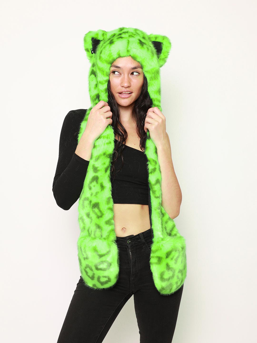 Neon Green Leopard Collector Edition Luxe Faux Fur Hood on Female Model
