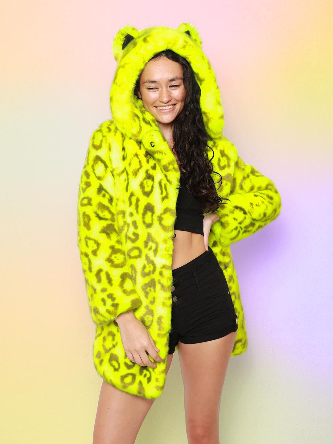 Woman wearing Neon Yellow Leopard Luxe Classic Faux Fur Coat