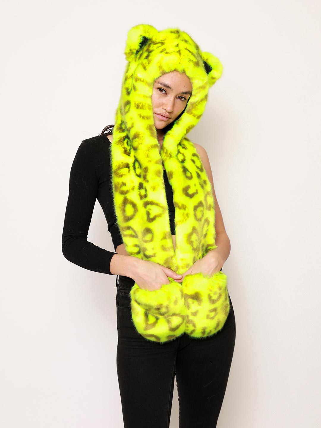 Faux Fur Hood in Neon Yellow Leopard Design on Female Model
