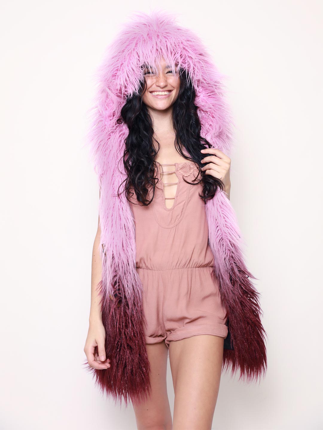 Hooded Pink Ombre Alpaca Faux Fur Vest on Woman