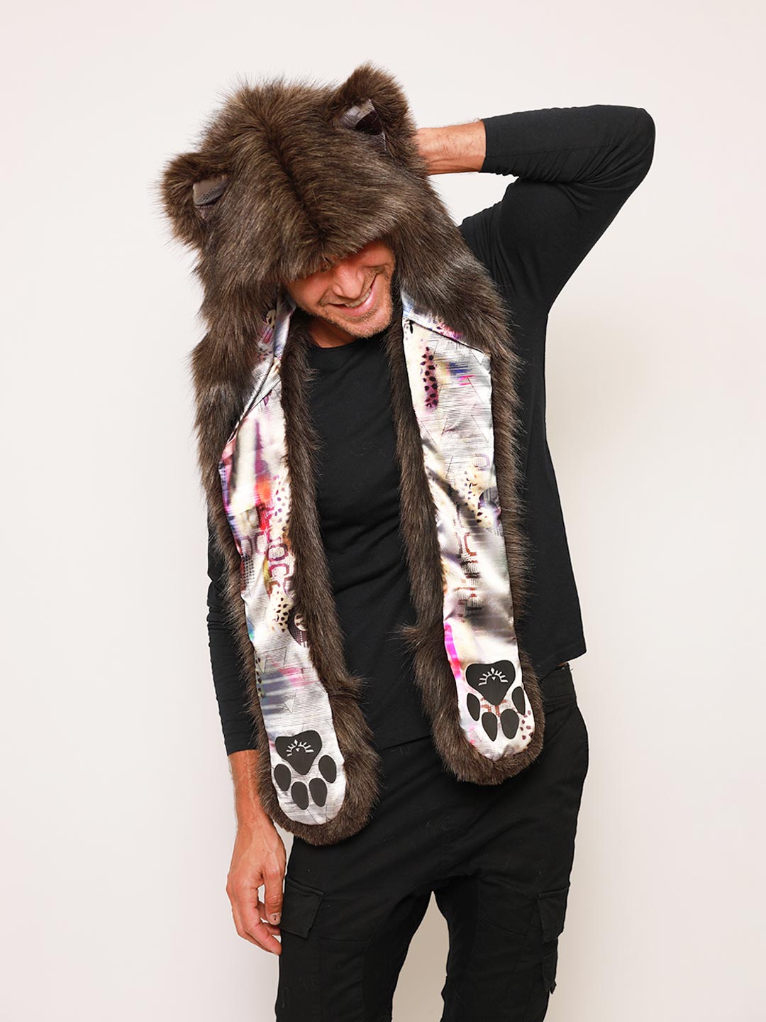 Man wearing Cyber Wolf Collector Edition Faux Fur Hood, front view 1
