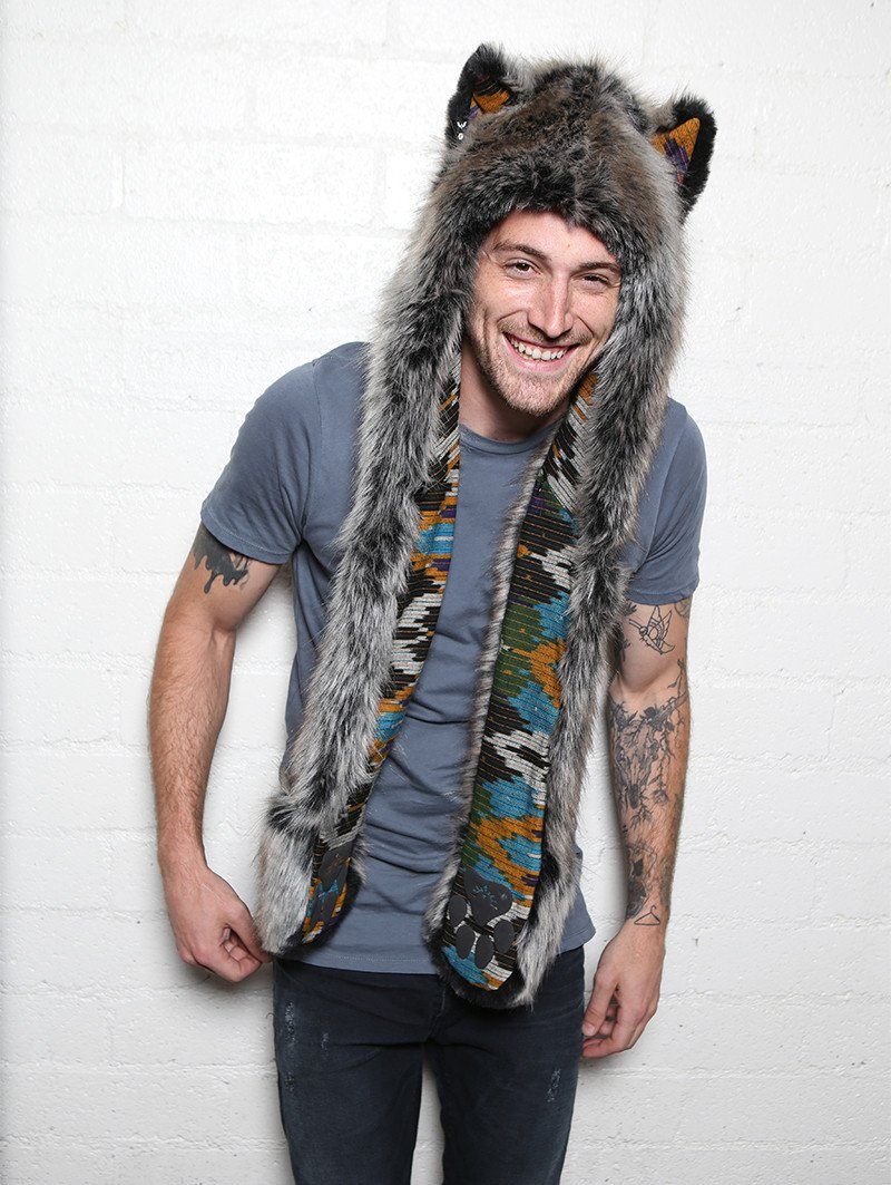 Man wearing faux fur Grey Wolf Ikat Collectors SpiritHood, front view 1