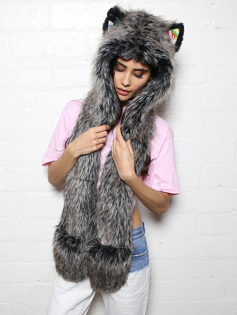 Hooded Faux Fur with Mystic Wolf Floral Collectors Design