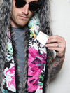 Man wearing faux fur Mystic Wolf Floral Collectors SpiritHood, front view 3