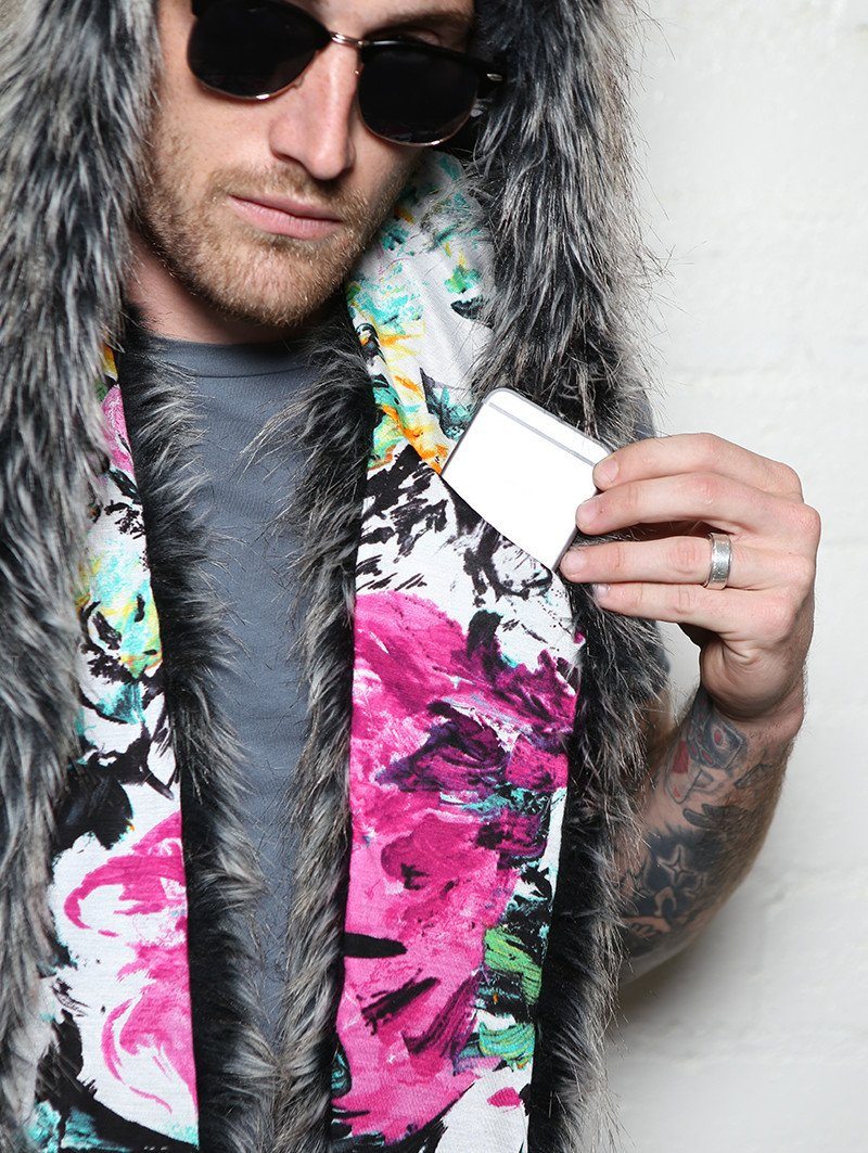 Man wearing faux fur Mystic Wolf Floral Collectors SpiritHood, front view 3
