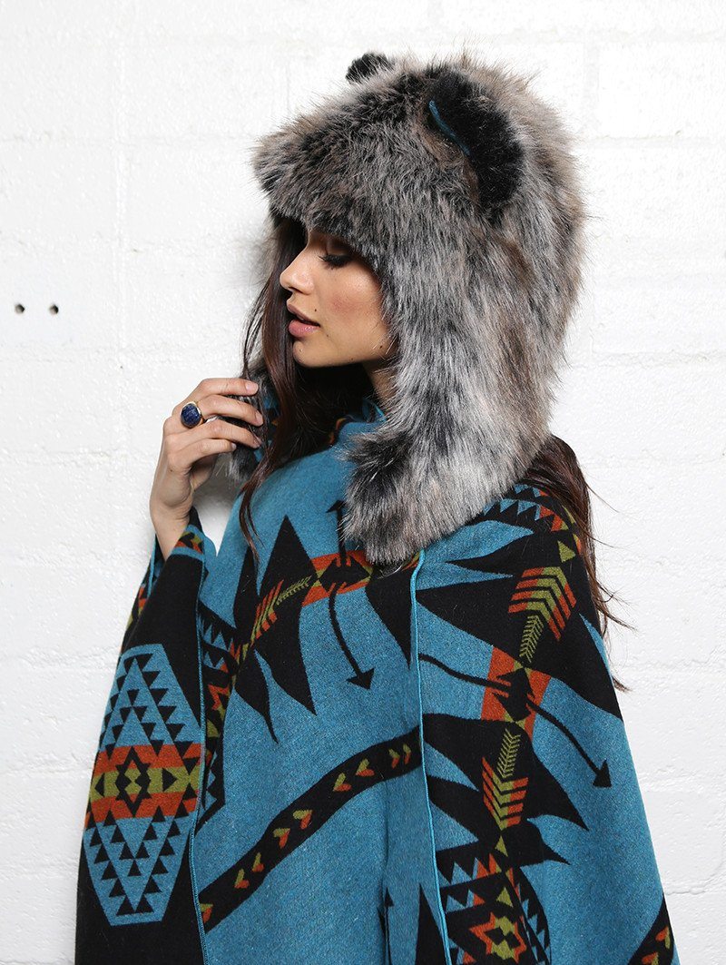 Female Wearing Italy Cape + Grey Wolf 1/2 Faux Fur Hood