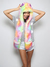 Woman wearing faux fur FestieBestie Sherbert Wolf SpiritHood