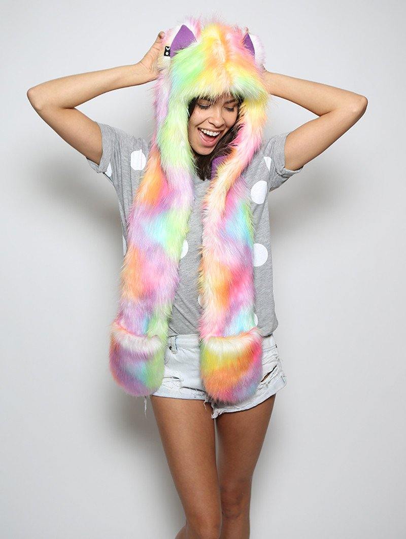 Woman wearing faux fur FestieBestie Sherbert Wolf SpiritHood