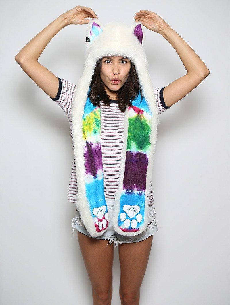 Woman wearing faux fur Arctic Wolf Color Blast Limited Edition SpiritHood
