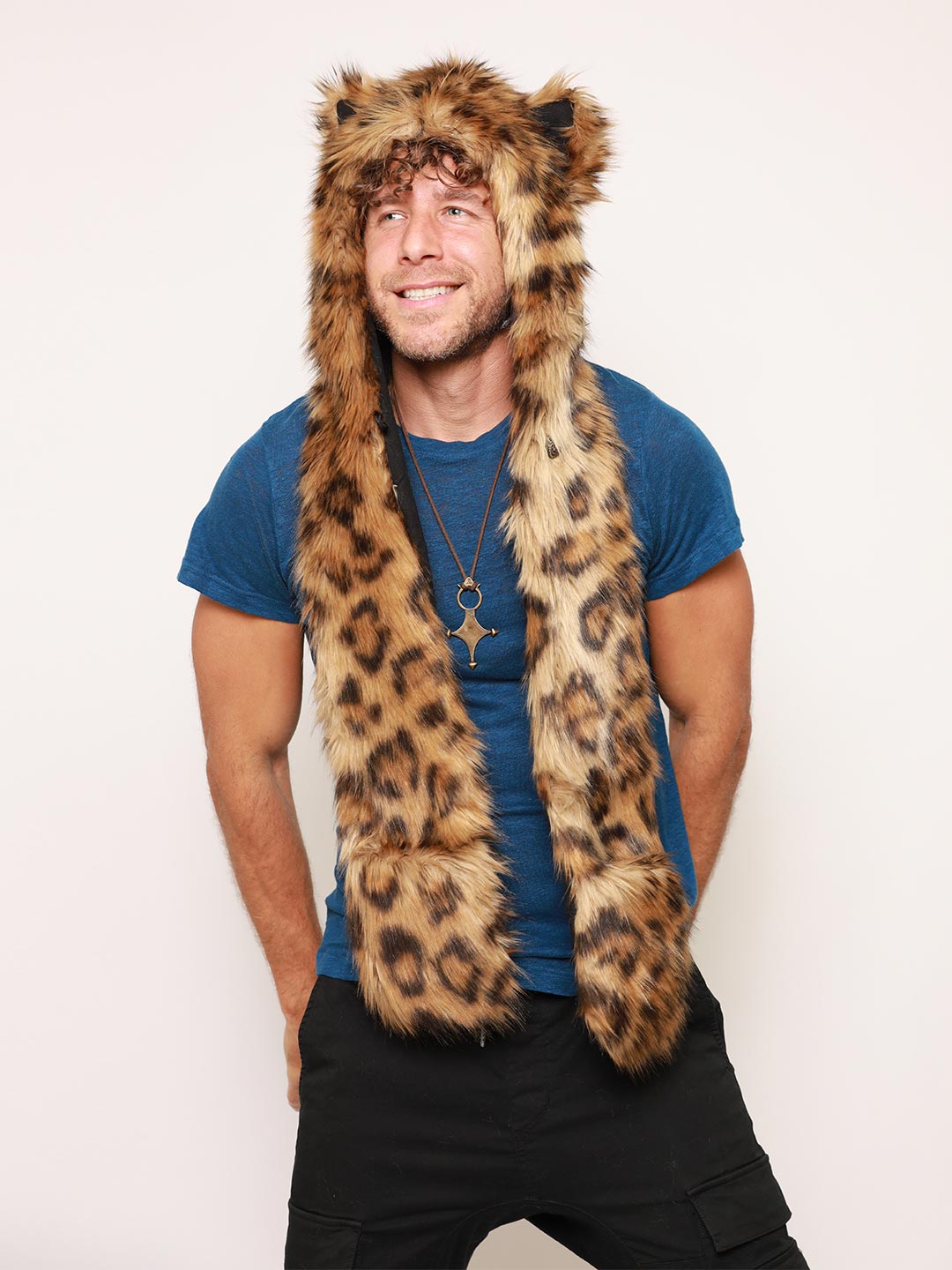 Man wearing Javan Leopard Faux Fur Hood, front view
