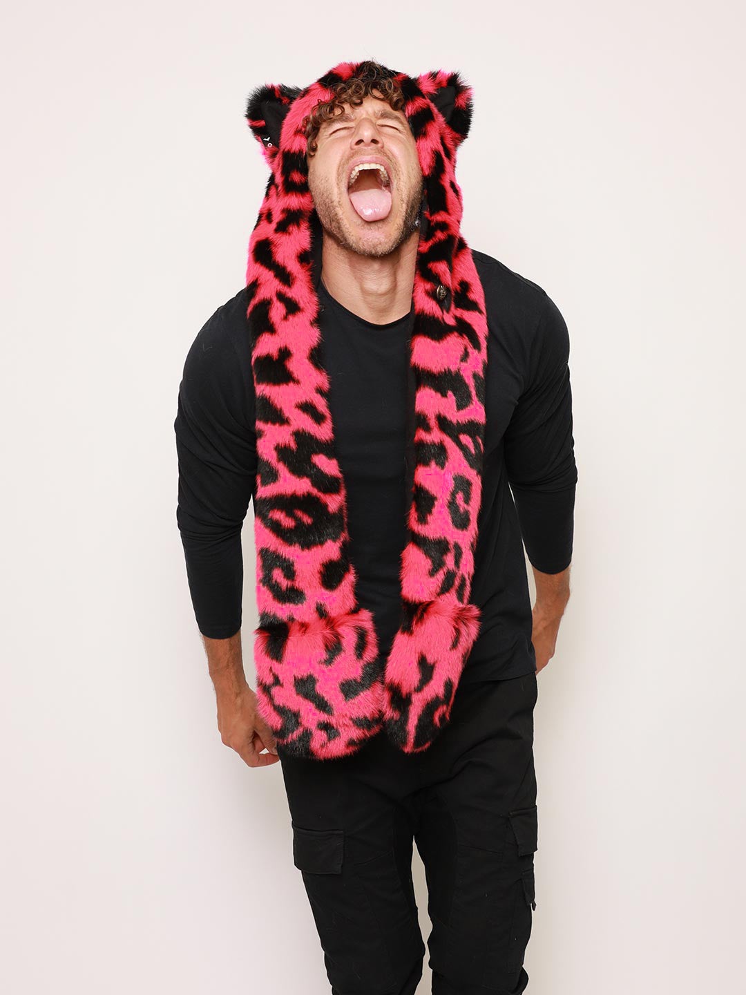 Man wearing Pink Panther Collector Edition Faux Fur Hood, front view 2
