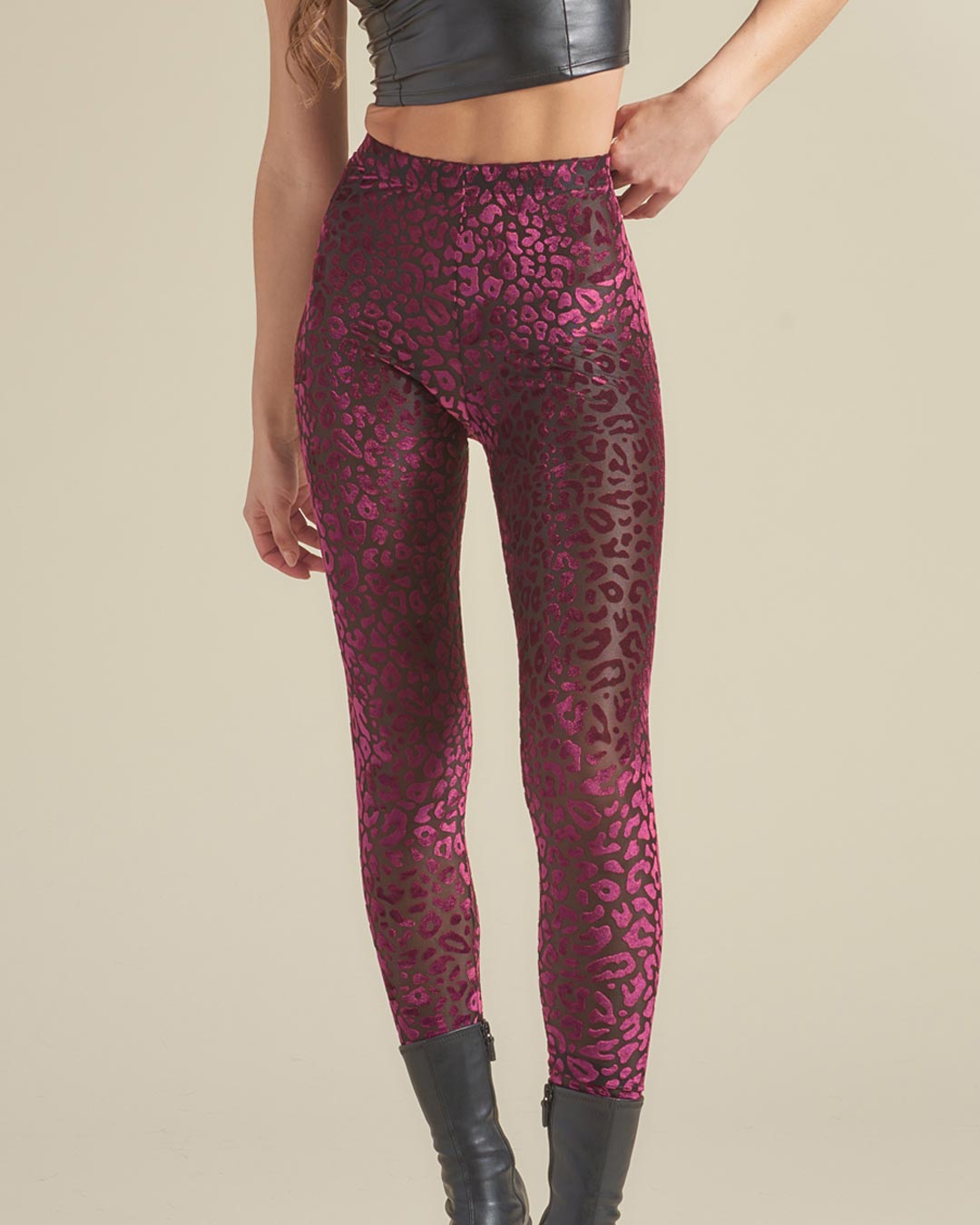 Burnout Velvet High Rise Leggings in Ruby Leopard Design on Woman