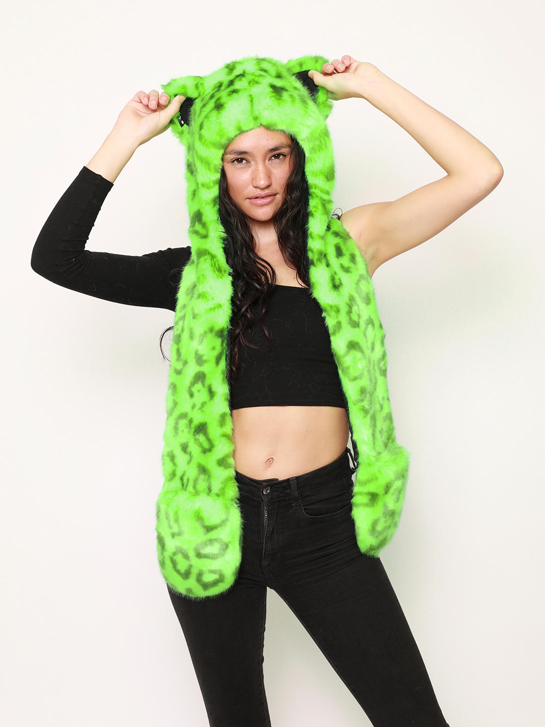 Hooded Neon Green Leopard Collector Edition Luxe Faux Fur on Female