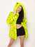 Woman wearing Neon Yellow Leopard Luxe Classic Faux Fur Coat, side view