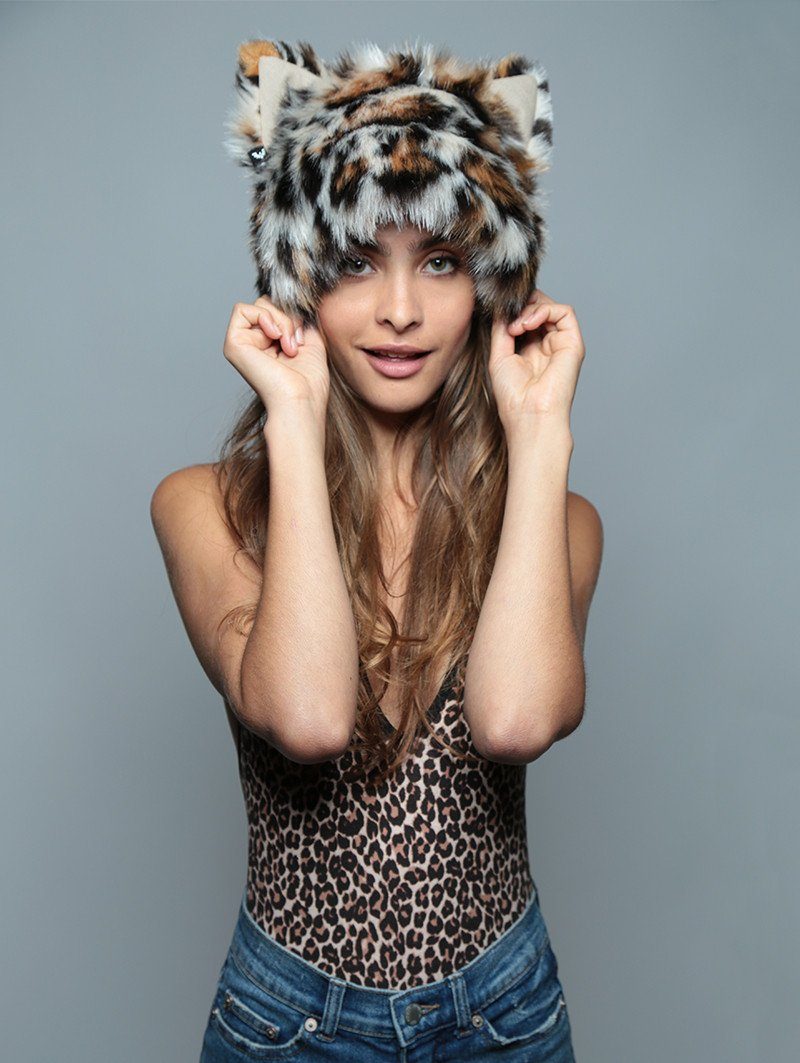 Woman wearing Mother Clouded Leopard Faux Fur Hood, front view 1