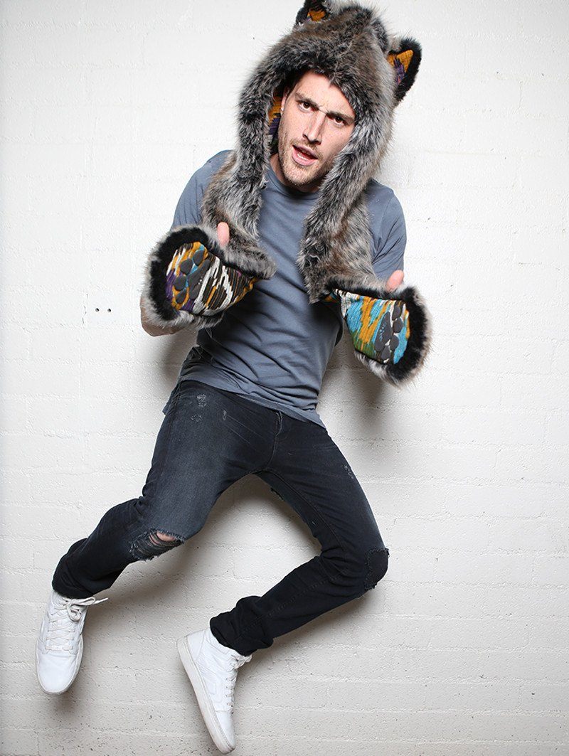 Man wearing faux fur Grey Wolf Ikat Collectors SpiritHood, front view 2