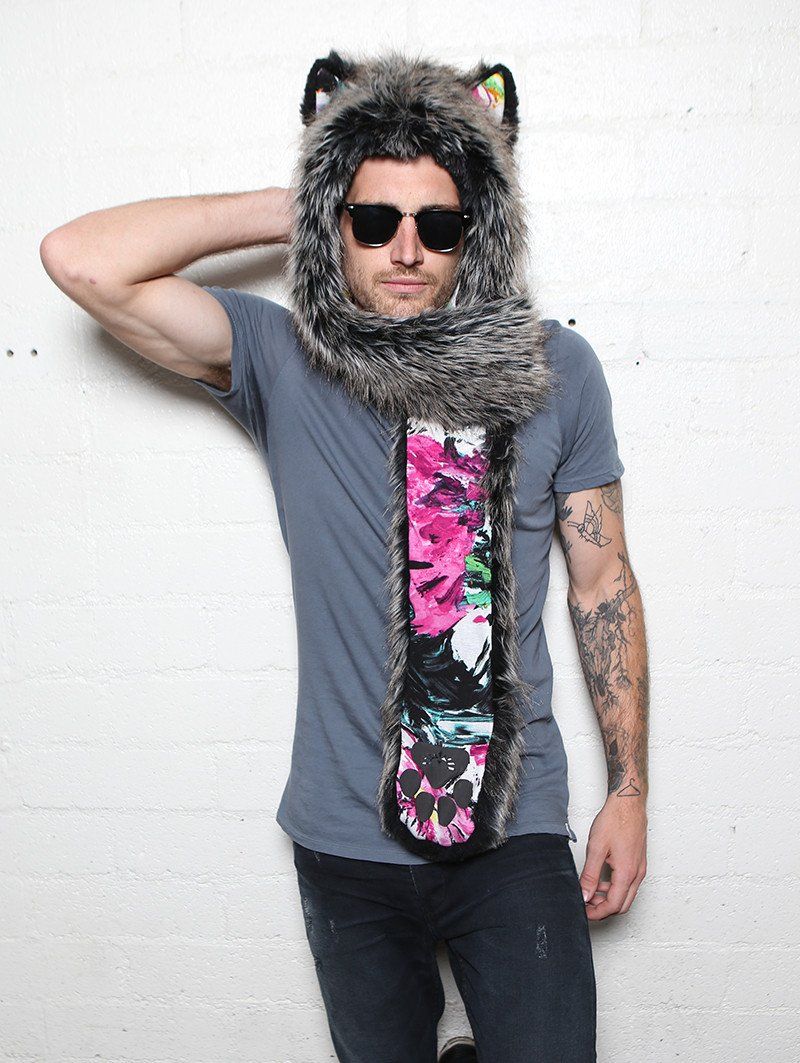 Man wearing faux fur Mystic Wolf Floral Collectors SpiritHood, front view 1