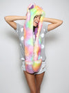 Woman wearing faux fur FestieBestie Sherbert Wolf SpiritHood, front view 4