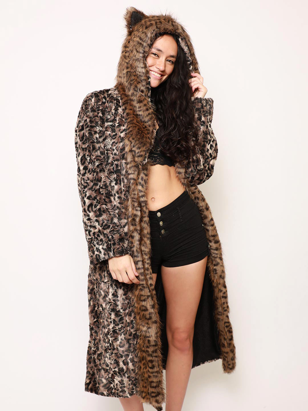 Woman wearing Savannah Cat Classic Faux Fur Style Robe, side view 2