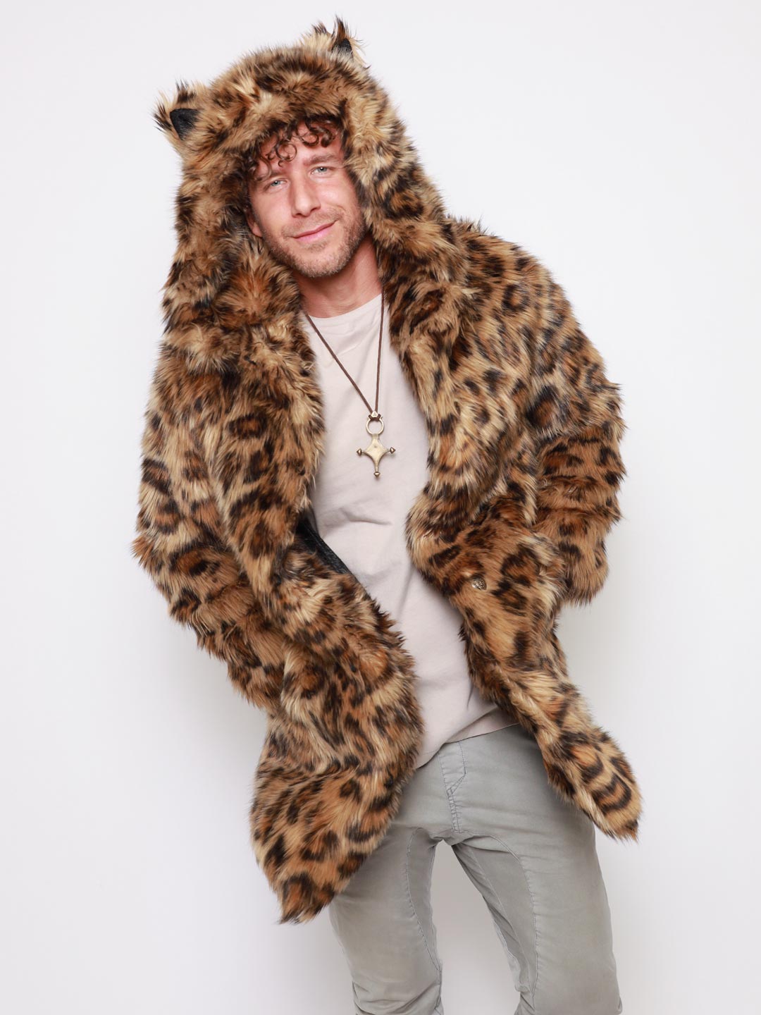 Man wearing Javan Leopard Classic Faux Fur *Almost Purfect* Coat, front view 5