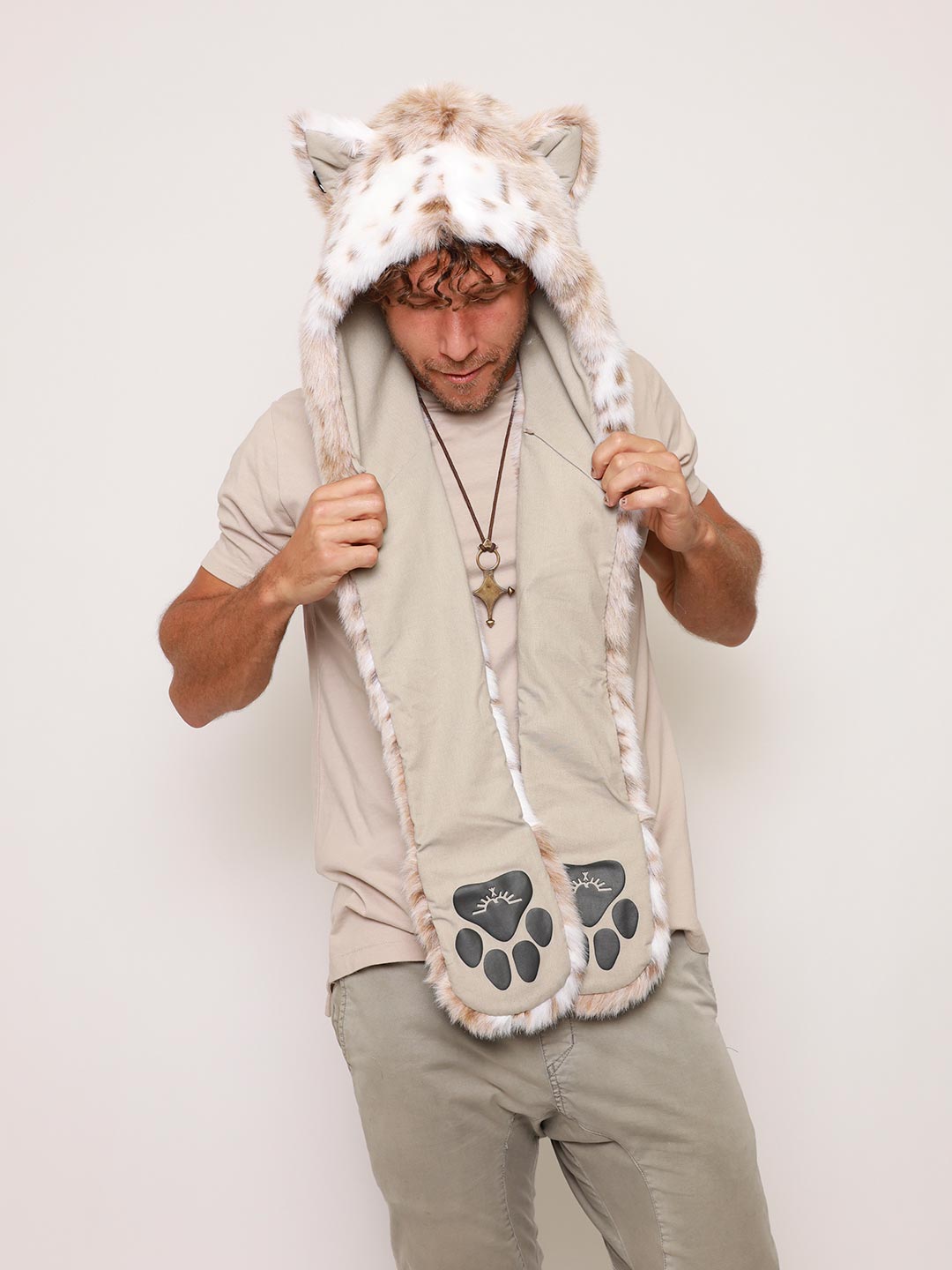 Exterior and Interior View of Siberian Snow Leopard Faux Fur Hood 