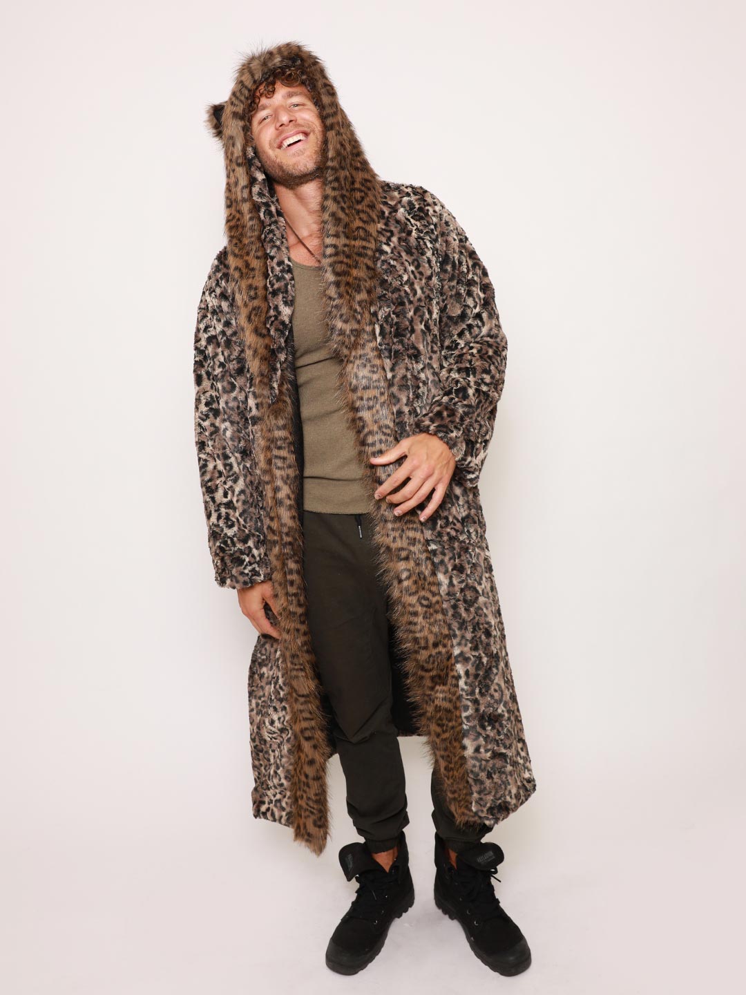 Man wearing Savannah Cat Classic Faux Fur Style Robe, front view 4